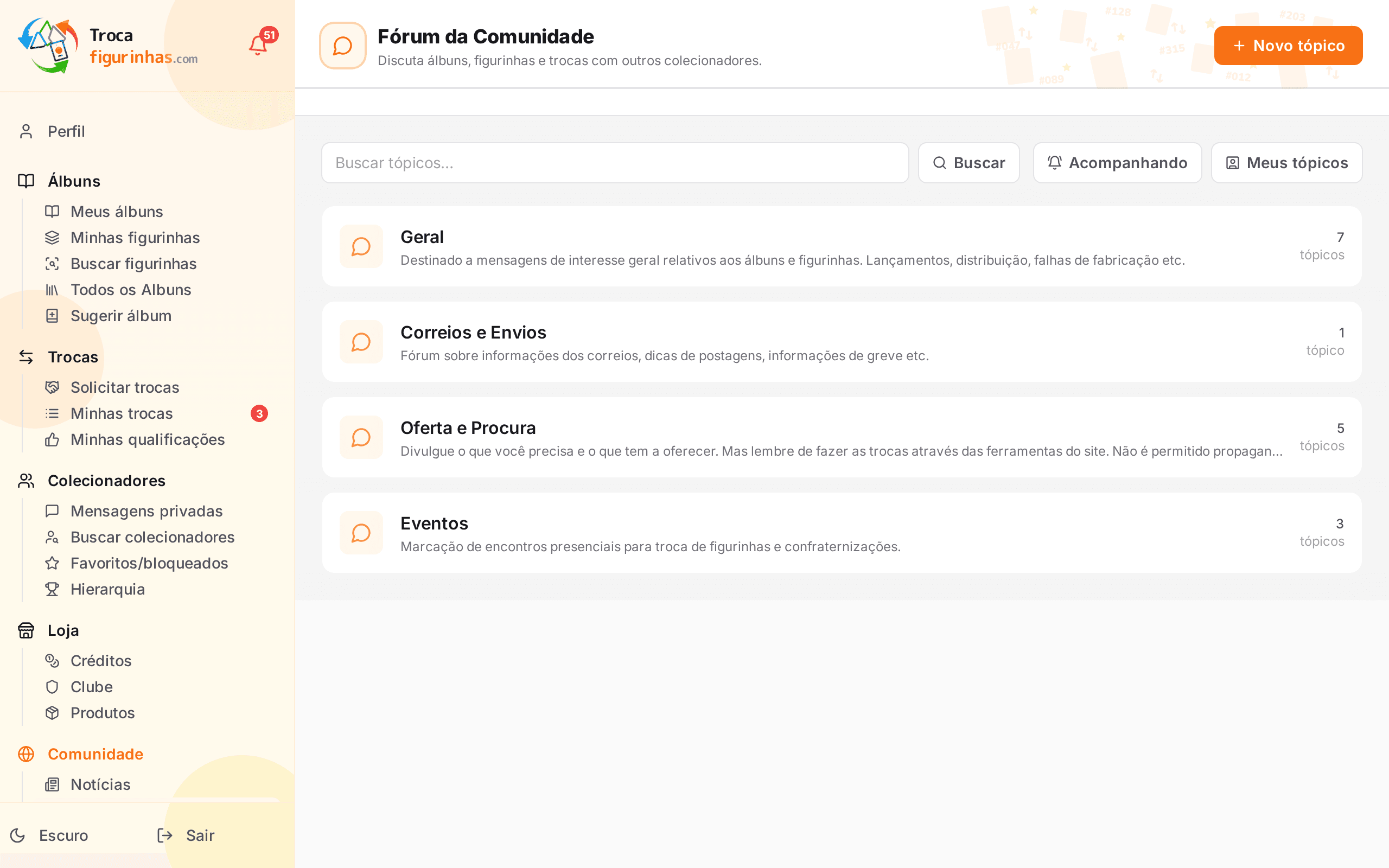Tela de Fórum vivo da comunidade no TrocaFigurinhas