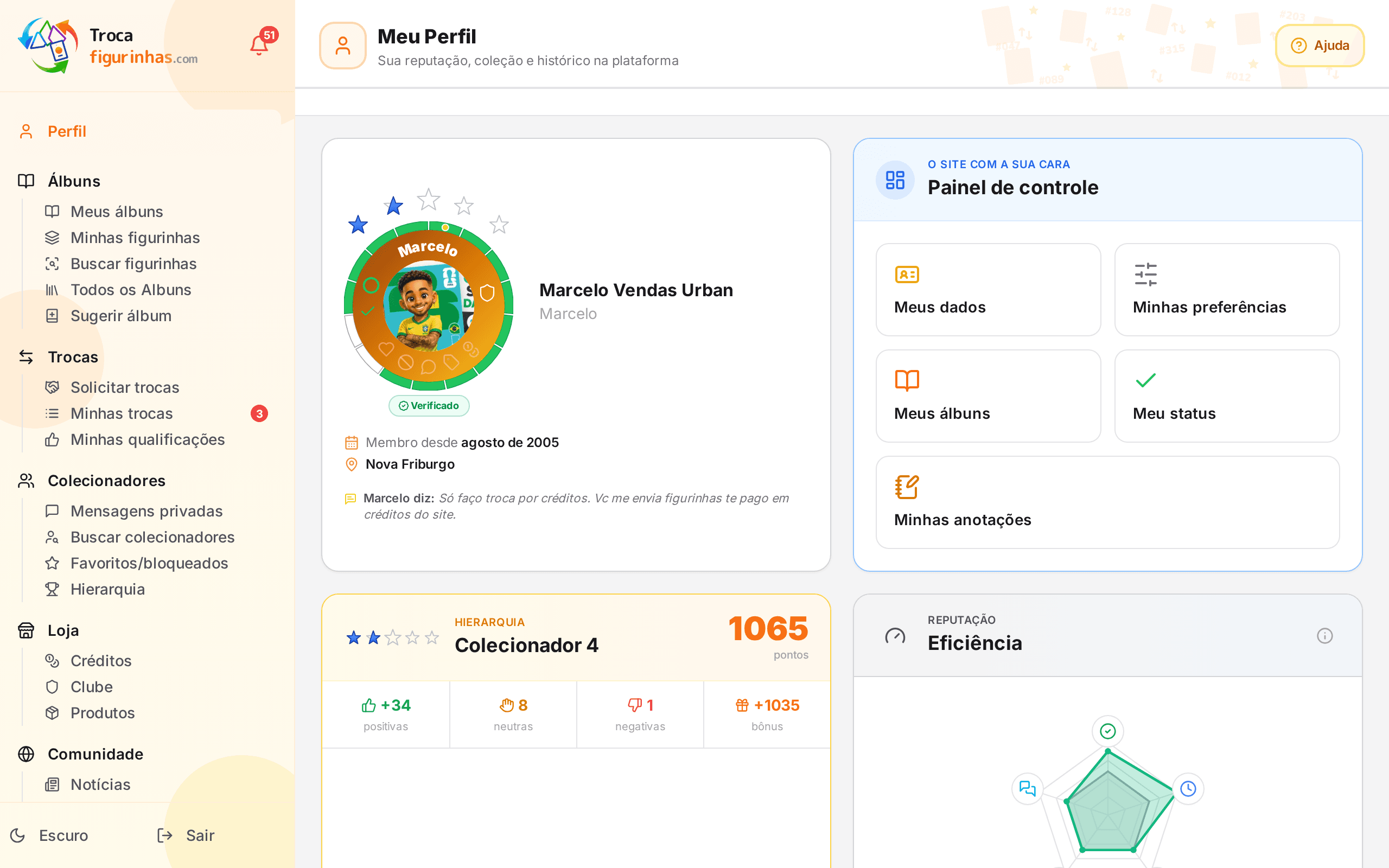 Tela de Perfil, presença e colecionadores por perto no TrocaFigurinhas